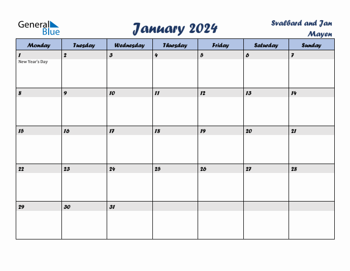 January 2024 Calendar with Holidays in Svalbard and Jan Mayen