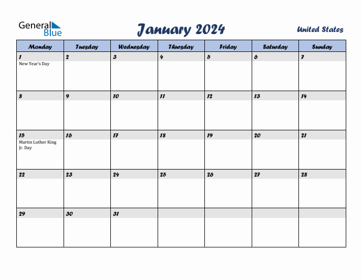 January 2024 Calendar with Holidays in United States