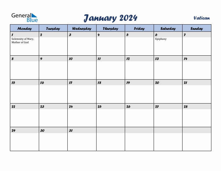 January 2024 Calendar with Holidays in Vatican