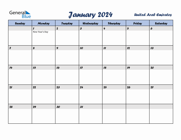 January 2024 Monthly Calendar with United Arab Emirates Holidays