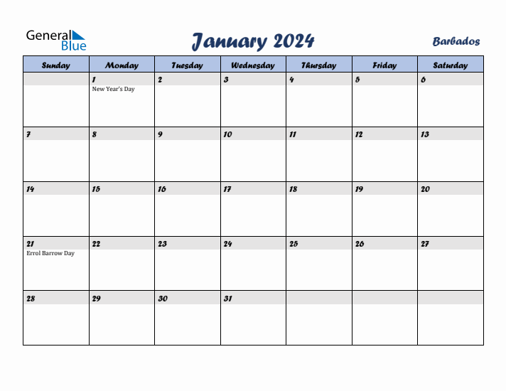January 2024 Calendar with Holidays in Barbados