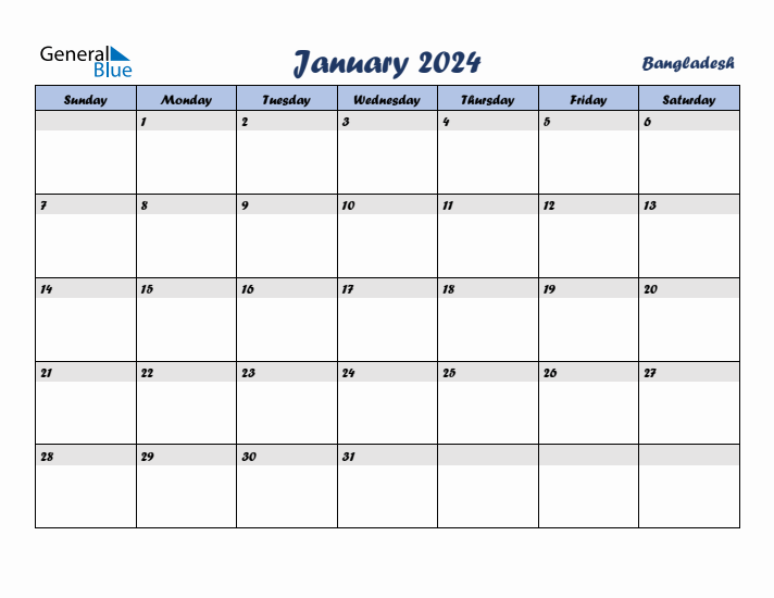 January 2024 Calendar with Holidays in Bangladesh