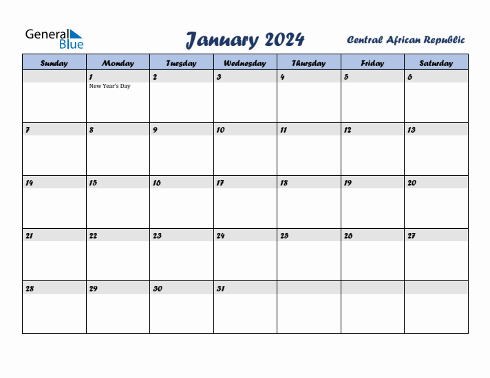 January 2024 Calendar with Holidays in Central African Republic