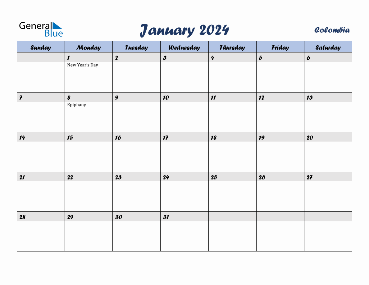 January 2024 Monthly Calendar Template with Holidays for Colombia