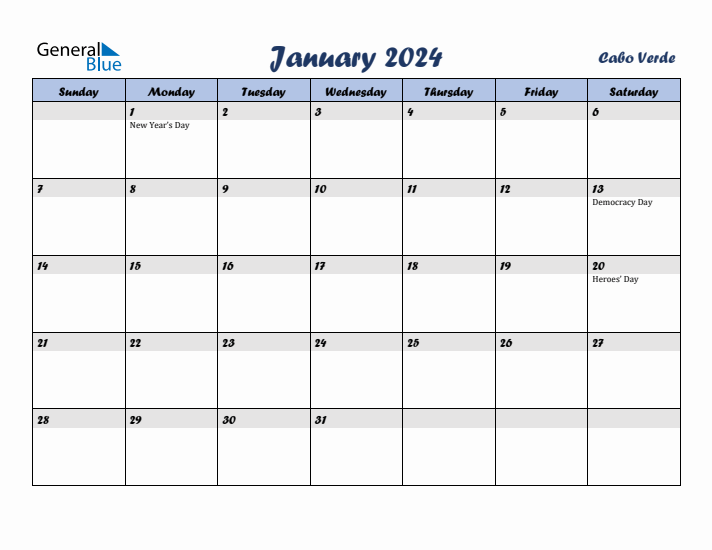 January 2024 Calendar with Holidays in Cabo Verde