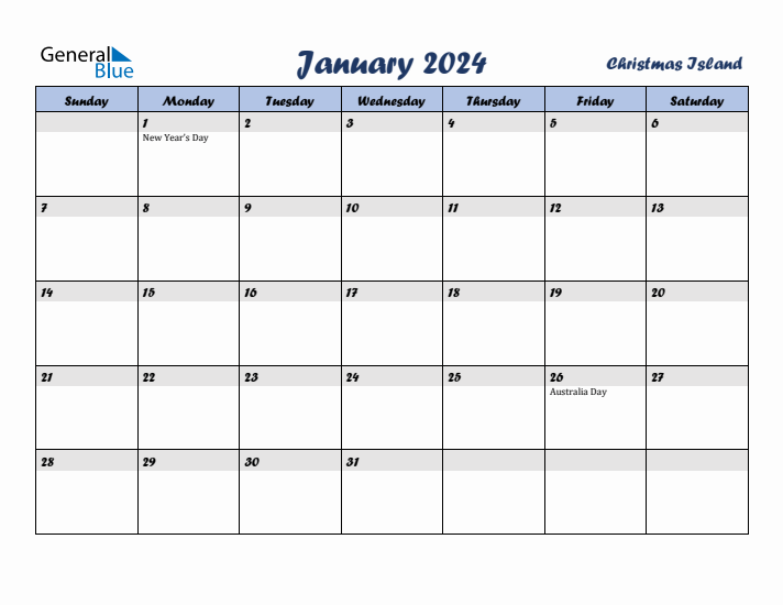 January 2024 Calendar with Holidays in Christmas Island