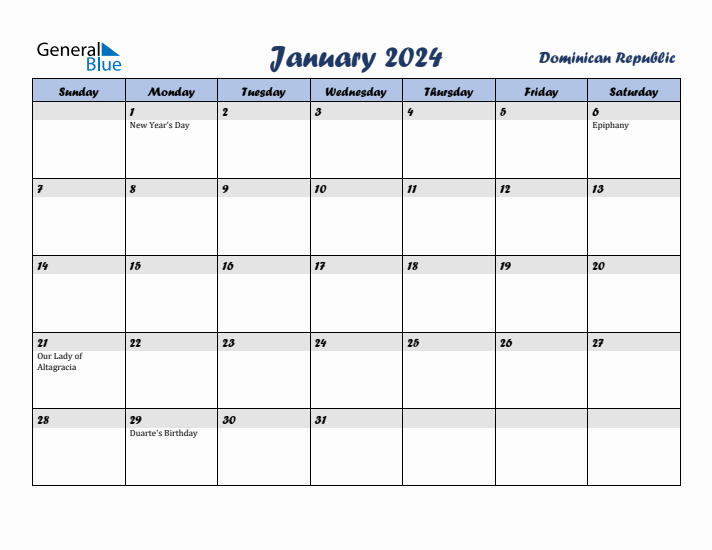 January 2024 Calendar with Holidays in Dominican Republic
