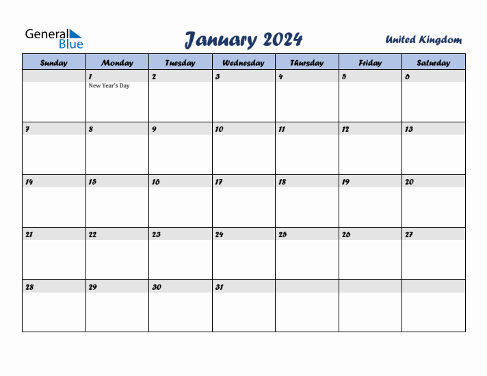January 2024 Calendar with Holidays in United Kingdom