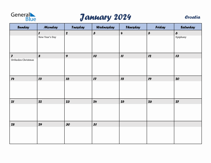 January 2024 Calendar with Holidays in Croatia