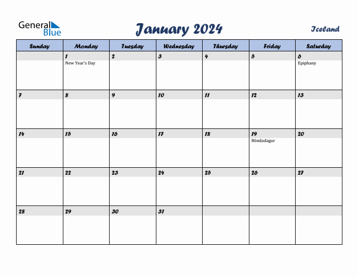January 2024 Calendar with Holidays in Iceland