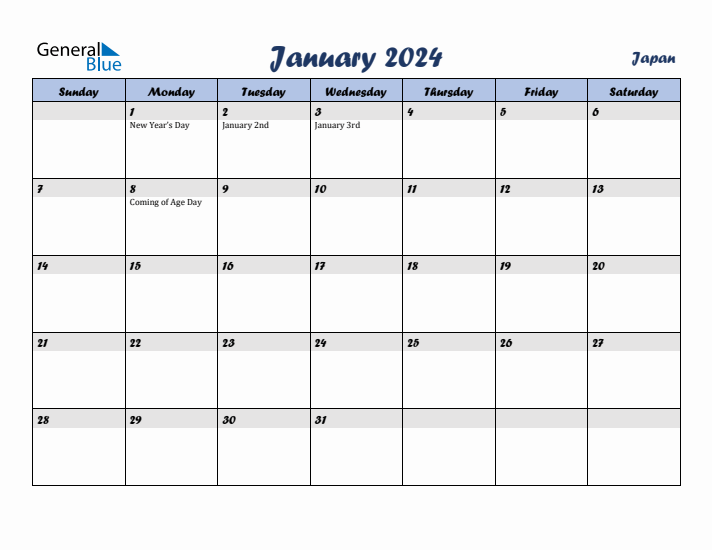 January 2024 Calendar with Holidays in Japan