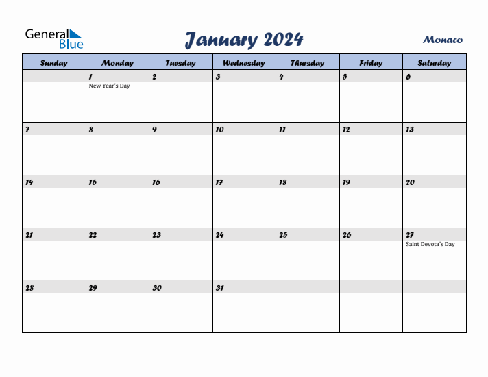 January 2024 Calendar with Holidays in Monaco