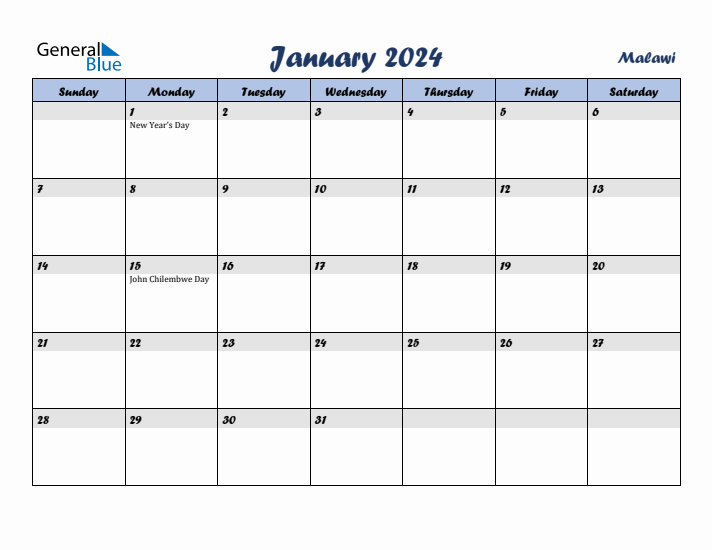 January 2024 Calendar with Holidays in Malawi