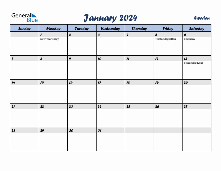 January 2024 Calendar with Holidays in Sweden