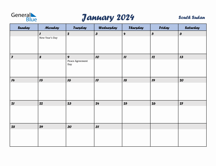 January 2024 Calendar with Holidays in South Sudan