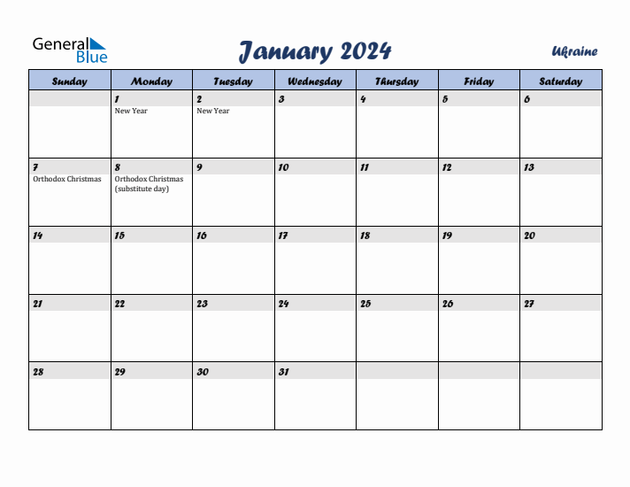 January 2024 Calendar with Holidays in Ukraine