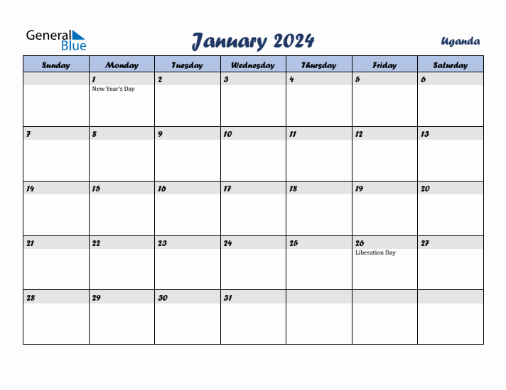 January 2024 Monthly Calendar with Uganda Holidays