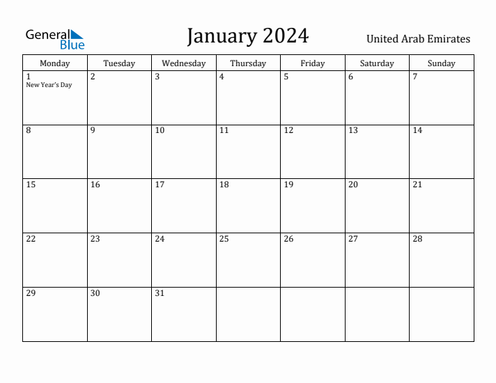 January 2024 Calendar United Arab Emirates