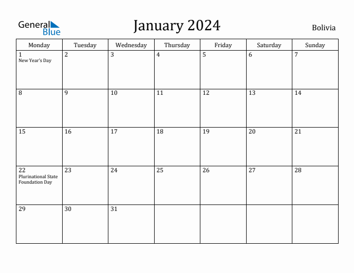 January 2024 Calendar Bolivia