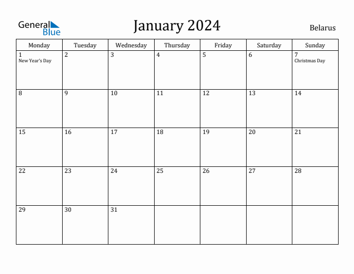 January 2024 Calendar Belarus
