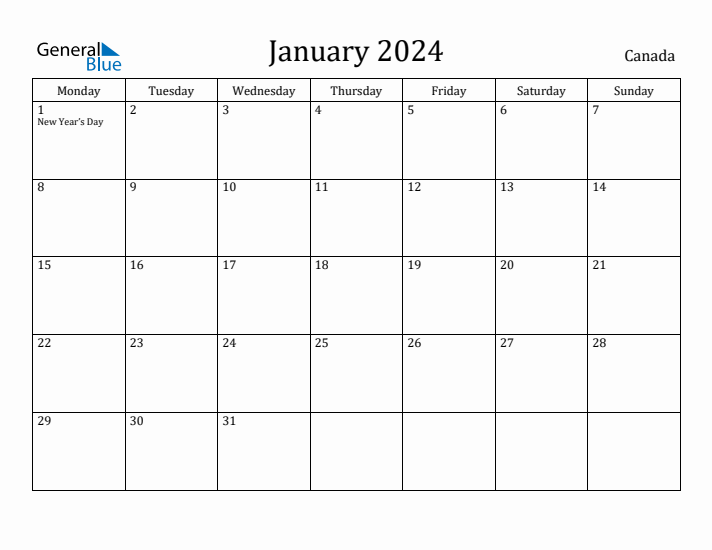 January 2024 Canada Monthly Calendar with Holidays
