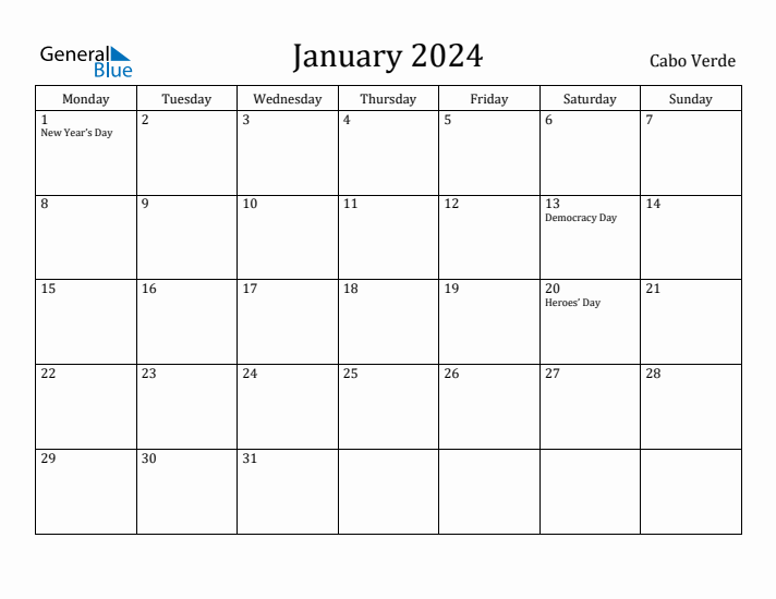 January 2024 Cabo Verde Monthly Calendar with Holidays