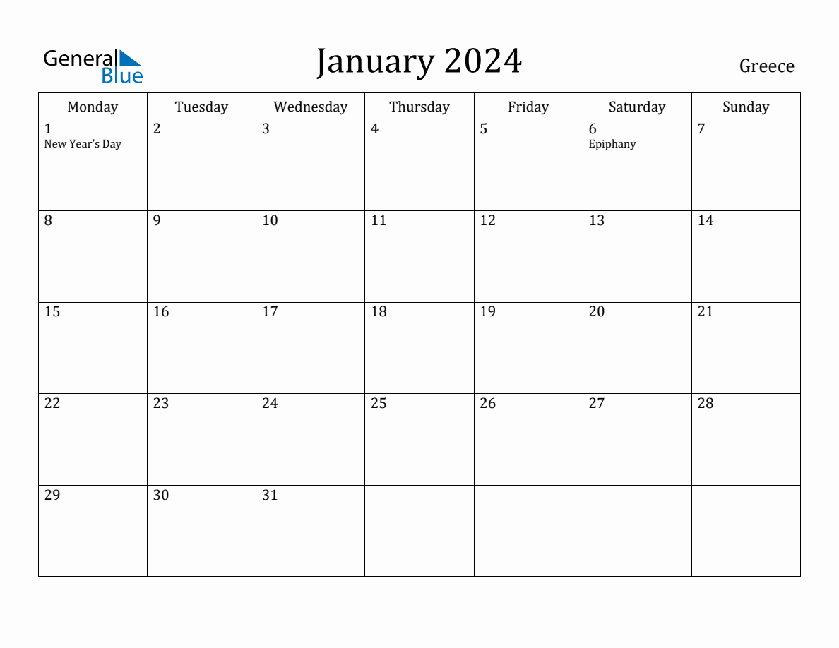 January 2024 Greece Monthly Calendar with Holidays