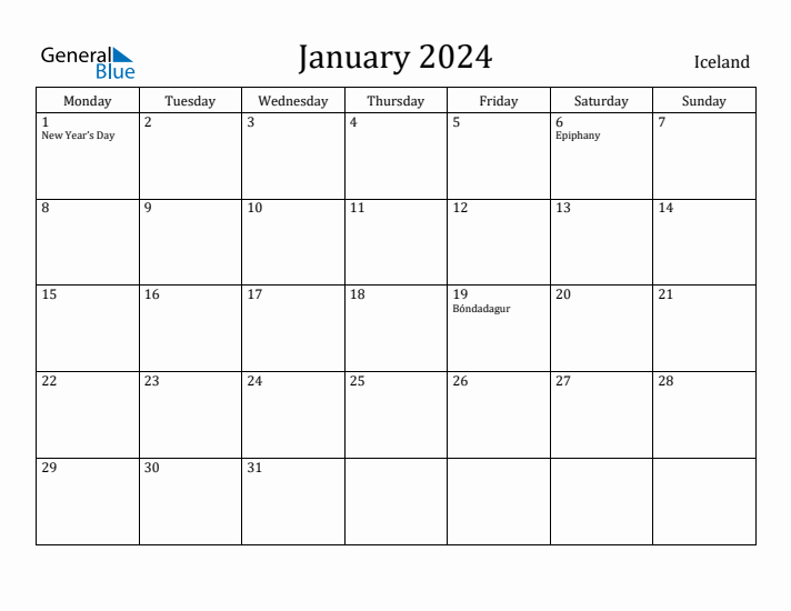 January 2024 Calendar Iceland