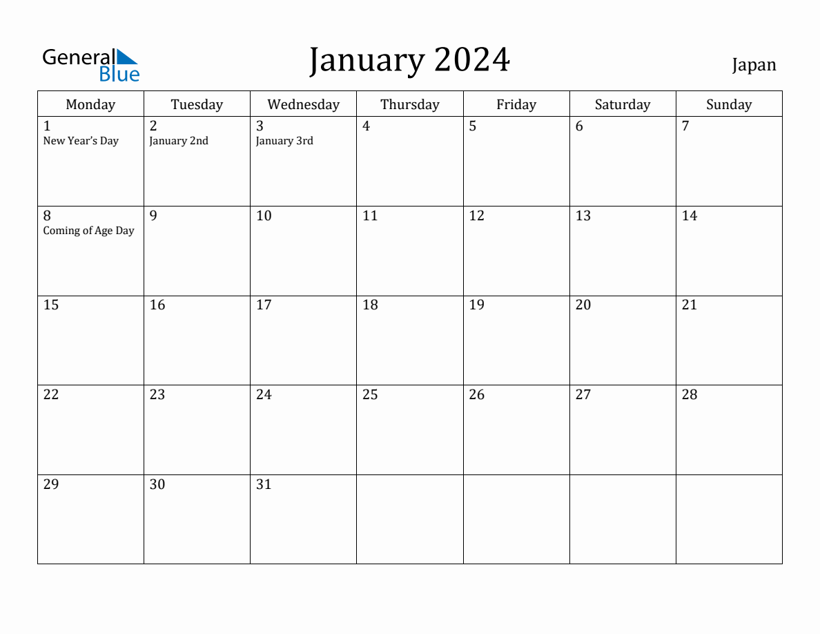 January 2024 Japan Monthly Calendar with Holidays