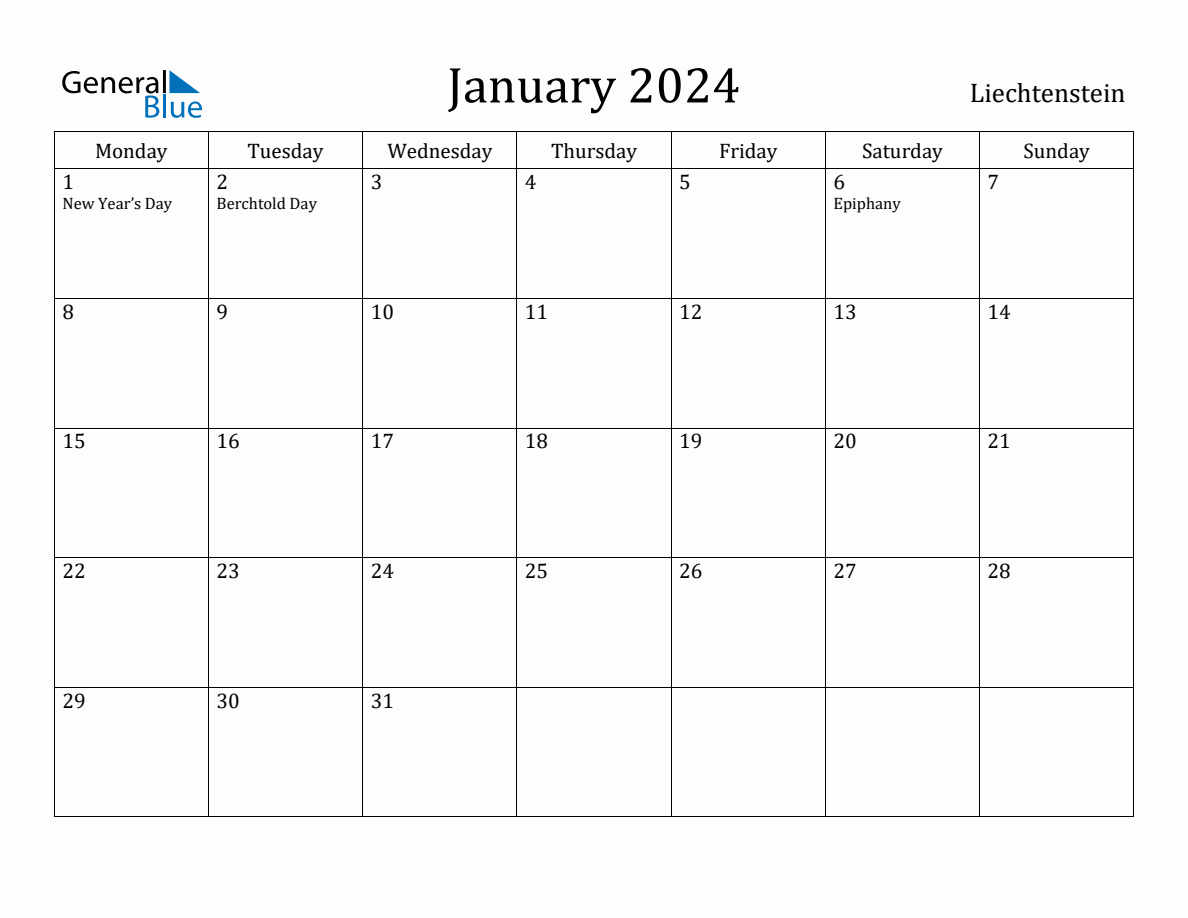 January 2024 Liechtenstein Monthly Calendar with Holidays