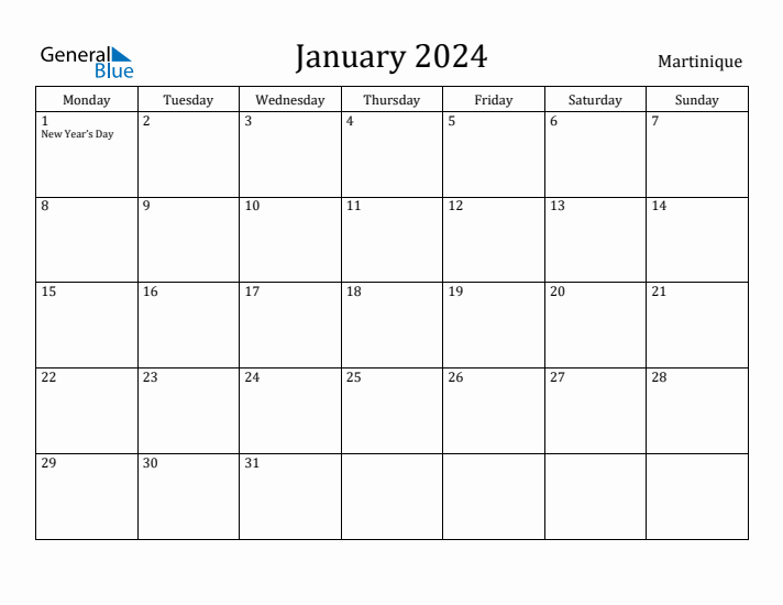 January 2024 Calendar Martinique