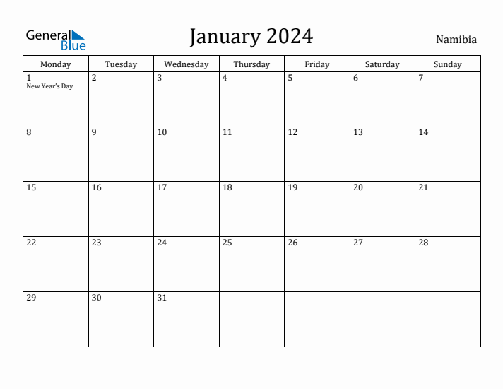 January 2024 Namibia Monthly Calendar with Holidays
