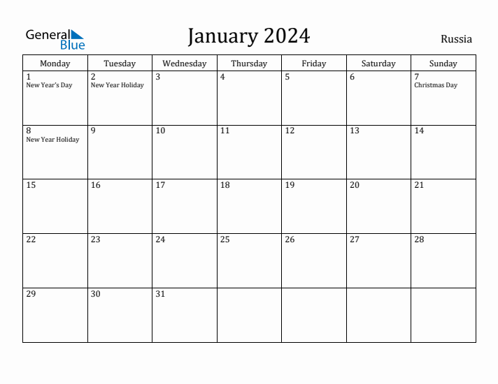 January 2024 Calendar Russia