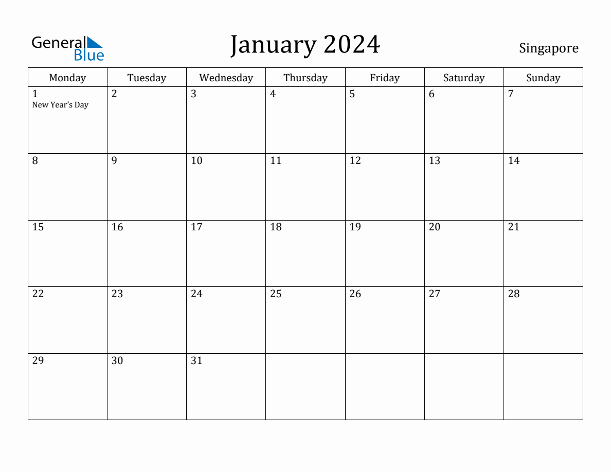 January 2024 Singapore Monthly Calendar with Holidays