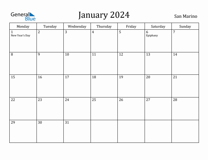 January 2024 Calendar San Marino