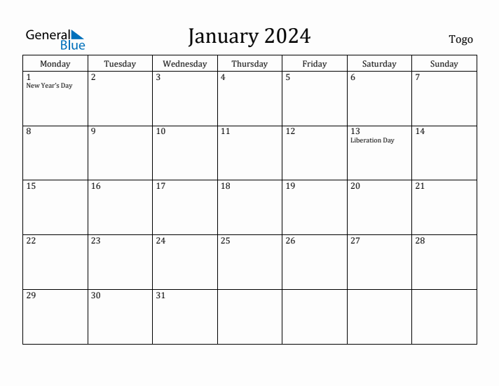January 2024 Calendar Togo