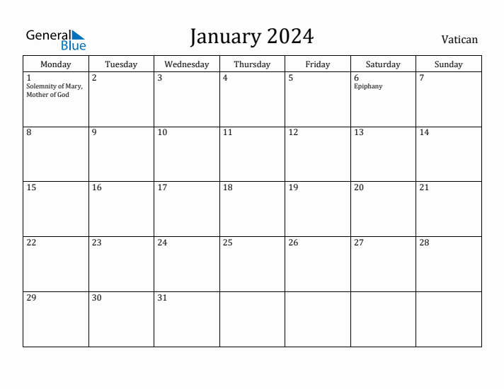 January 2024 Calendar Vatican