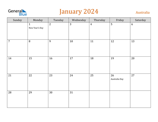 January 2024 Calendar with Australia Holidays