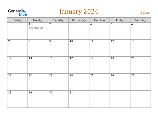 January 2024 Calendar with Belize Holidays