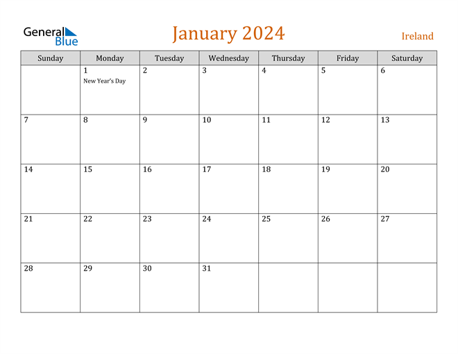 Ireland January 2024 Calendar with Holidays