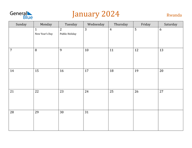 Rwanda January 2024 Calendar with Holidays