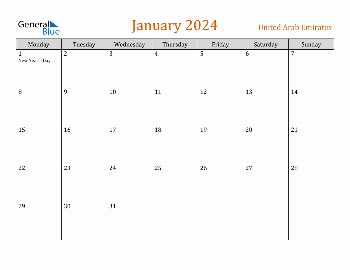 Free January 2024 United Arab Emirates Calendar