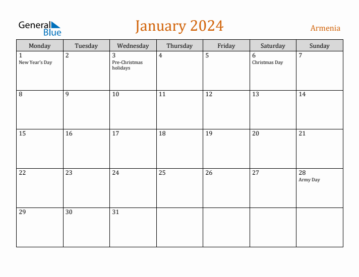 January 2024 Holiday Calendar with Monday Start