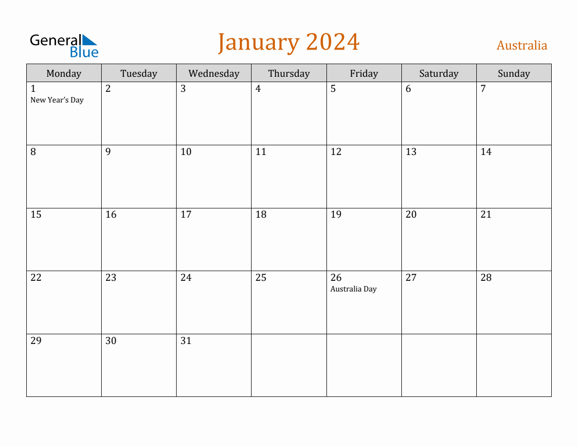 Free January 2024 Australia Calendar