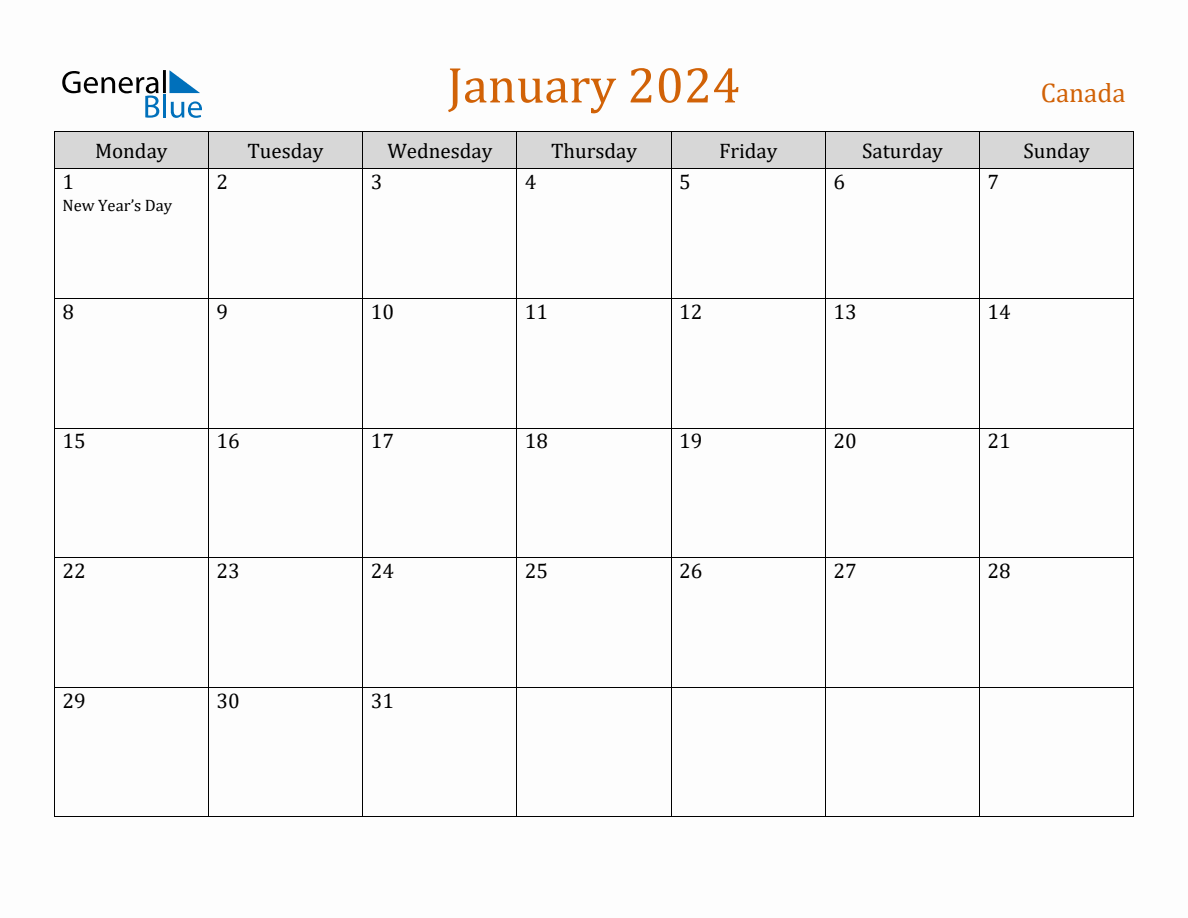 Free January 2024 Canada Calendar