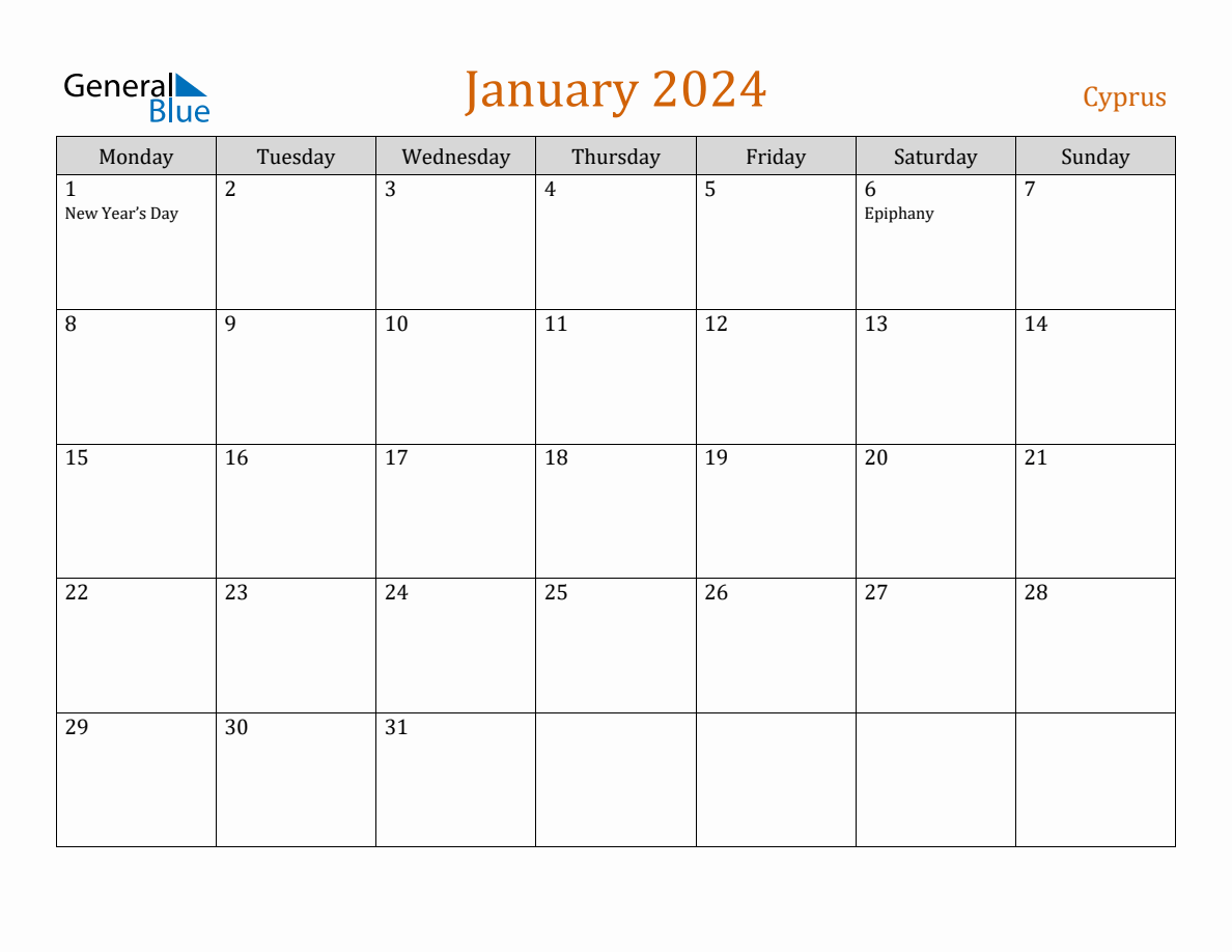 Free January 2024 Cyprus Calendar