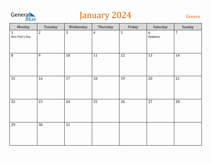 January 2024 Holiday Calendar with Monday Start