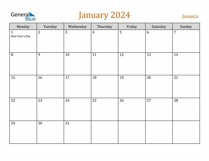 Free January 2024 Jamaica Calendar