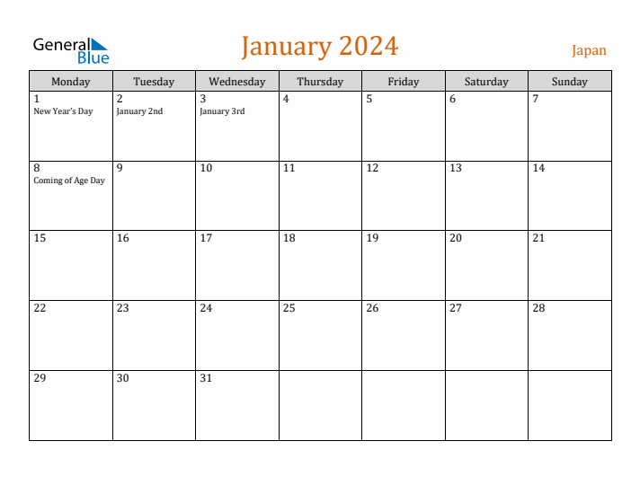 January 2024 Japan Monthly Calendar with Holidays