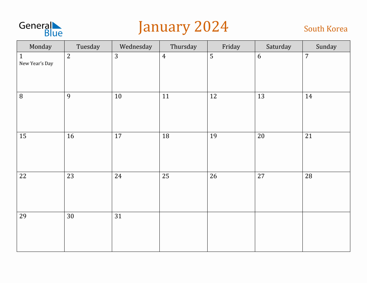 Free January 2024 South Korea Calendar